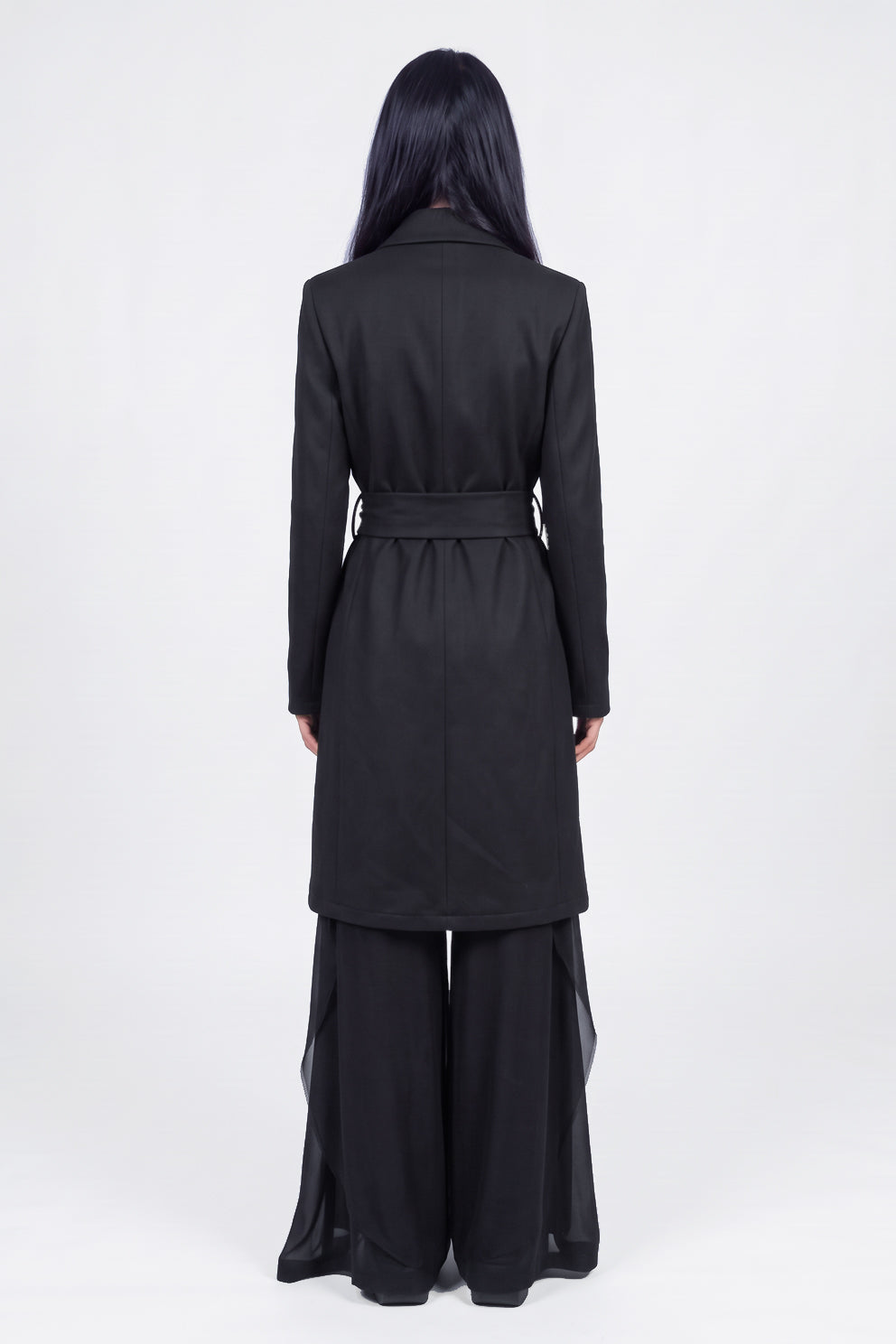 A black long coat with a matching waist tie belt, shown from the back against a plain white background.