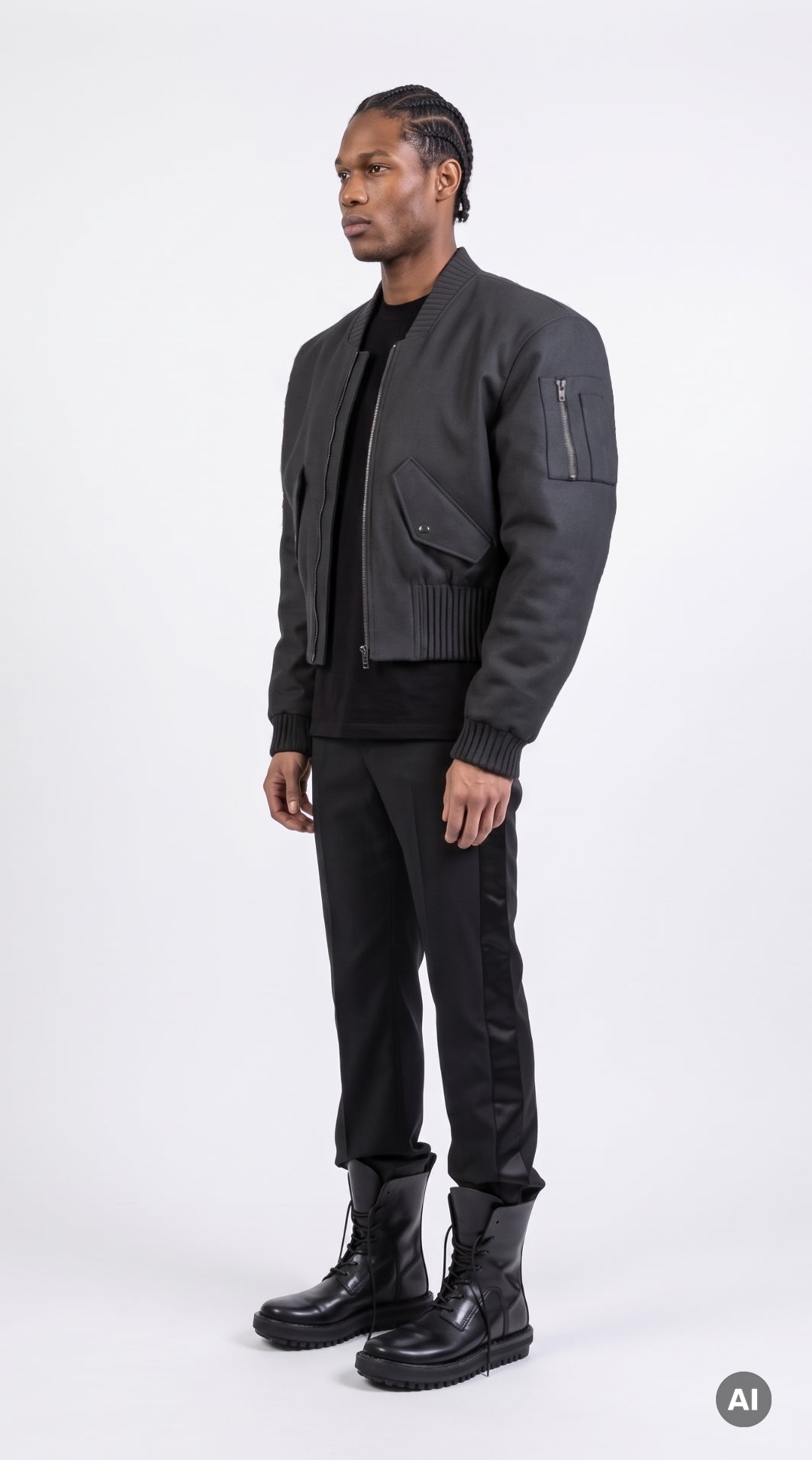 A model stands against a light gray studio background wearing a black bomber jacket "Alles Von Hier" (Everything from Here) by Esther Perbandt, with a front zipper and flap pockets, paired with black smoking black pants, and black trippen boots.